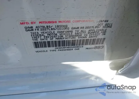 2012 Mitsubishi Lancer Gt из США, поврежденный, VIN JA32U8FW0CU008019